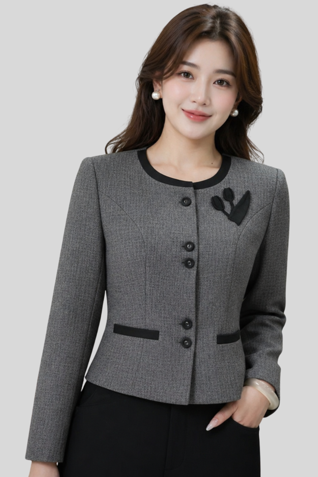 Áo Khoác Dạ Cổ Tròn Phối Viền